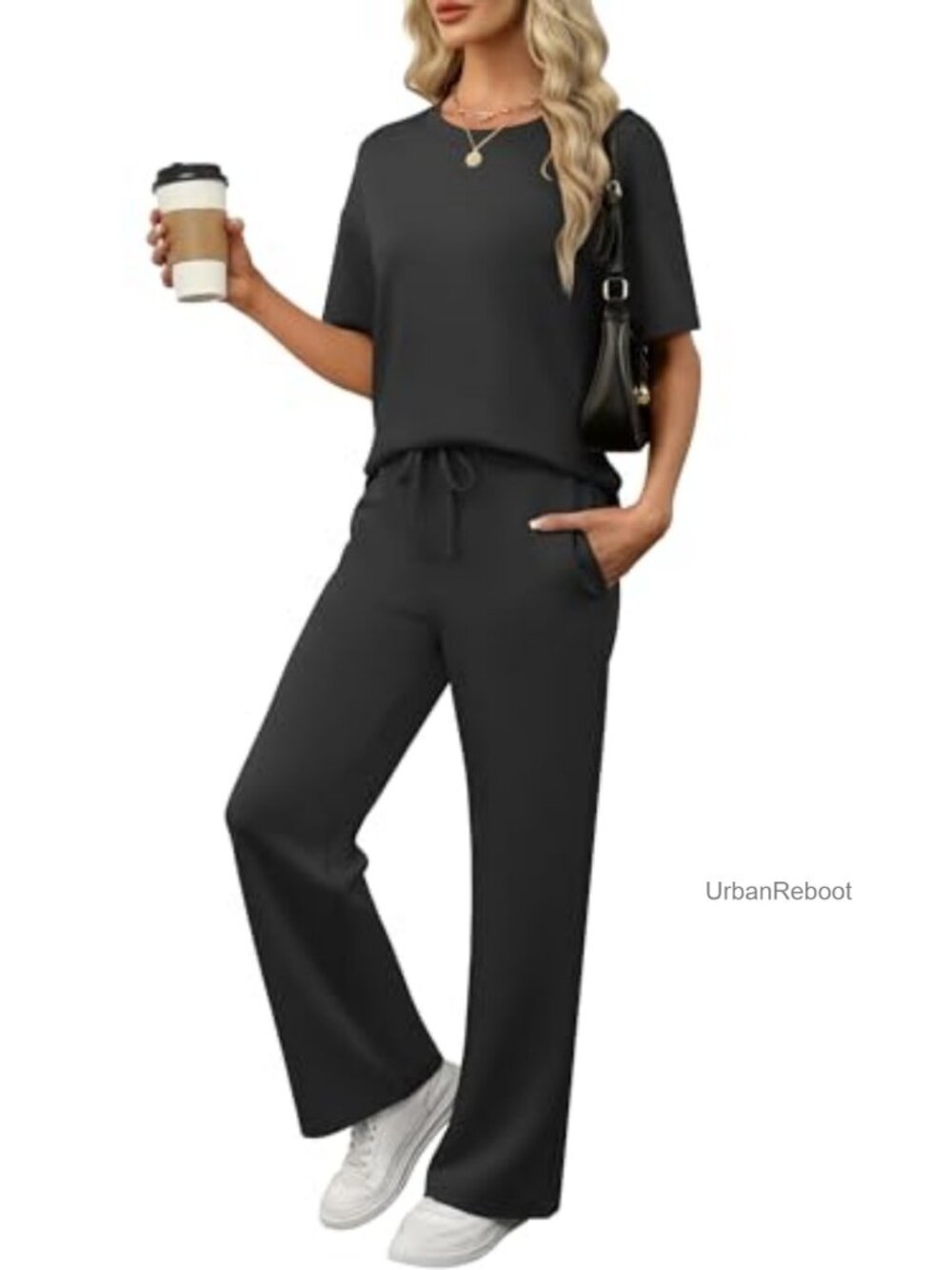 2 Piece Lounge Set Wrinkle Free Travel Outfit Short Sleeve Wide Leg Pants